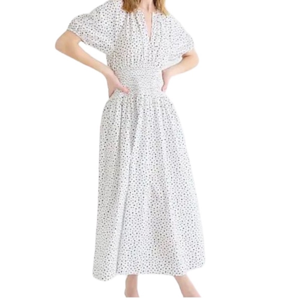 J. Crew‎ Puff-Sleeve Smocked-Waist Midi Dress in Dot MP